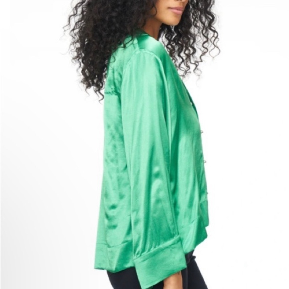 Pistola green satin flowy glam special occasion button front shirt top